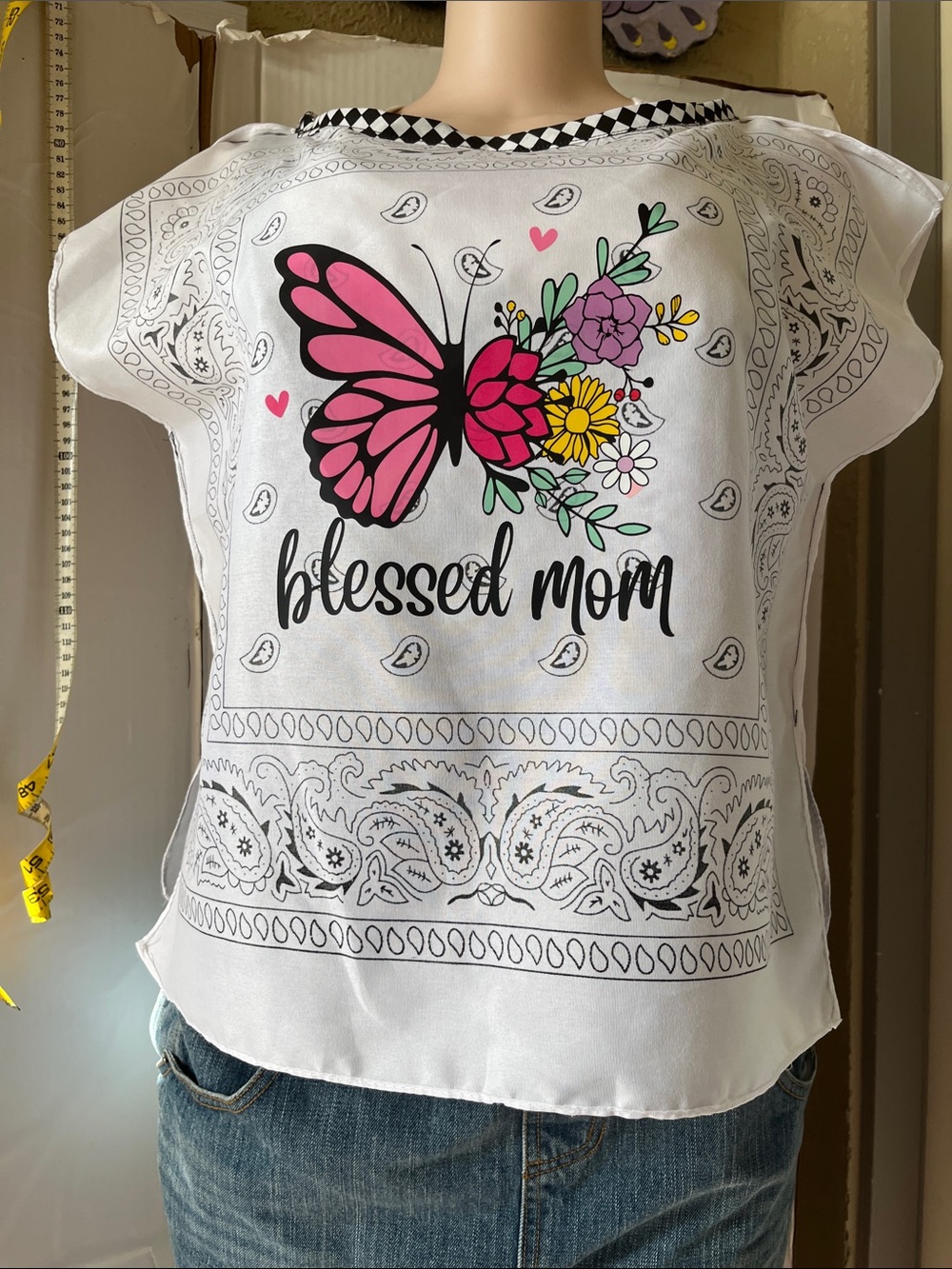 White bandana top for ladies Blessed Mom White Butterfly Graphic on the front.